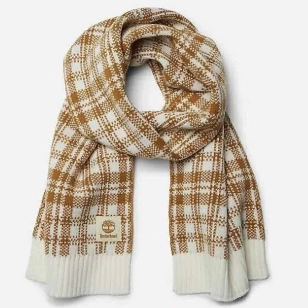 Timberland Scarf Knit Plaid Tan White Acrylic Winter Outdoor Logo Patch Street